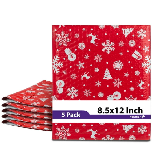Fosmon #2 [5 PACK] Christmas Poly Bubble Mailer 8.5 x 12 inches, Lightweight Water/Dust/Shock/Tear Resistant Padded Shipping Envelopes - Xmas Red White Snow