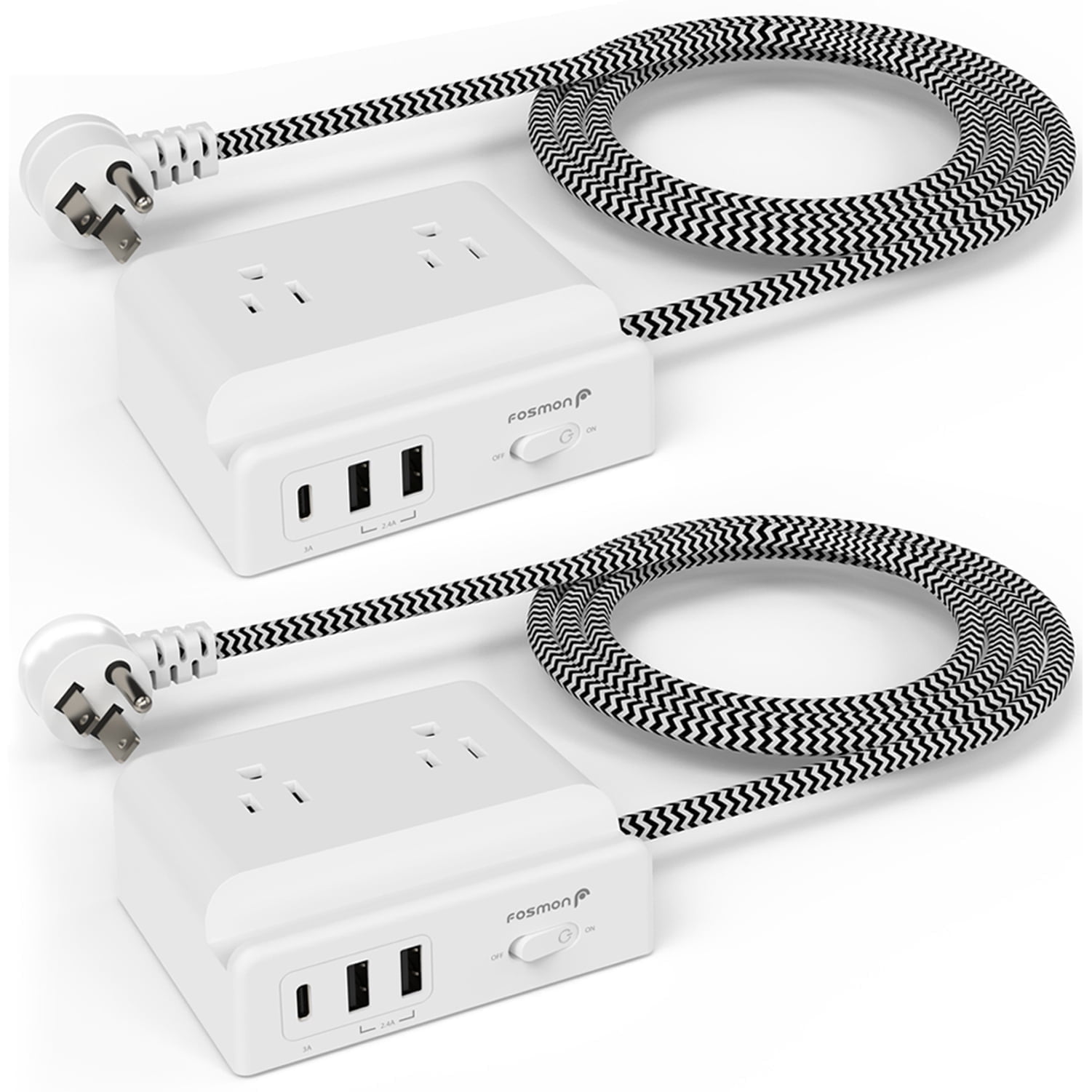 Fosmon 2-Pack Desk Power Strip With USB C, 4 Outlets+3 USB Charger Charging Outlet, Desktop USB Power Station, 5ft Braided Extension Cord for Travel, Cruise Ship, ETL Listed