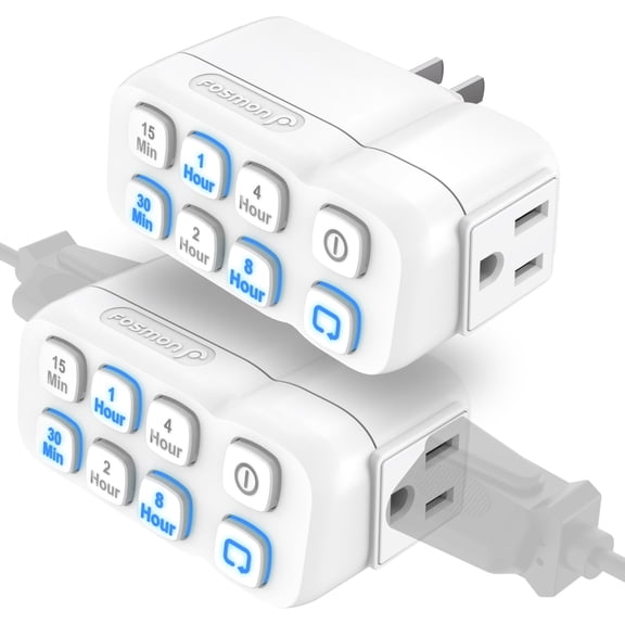 Fosmon Countdown Plug-in Timer Dual Outlets, Indoor Light Timers for Electrical Outlets, 15-30 Min, 1-2-4-8 Hour Settings, Grounded 3-Prong, 15A/1875W, HP, 2-Pack