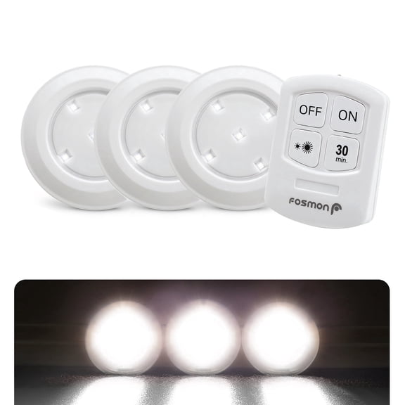 Fosmon Wireless LED Puck Light 3 Pack with Remote Control, Under Cabinet Lighting [5 Daylight White LED, Wide Floor Kitchen Closet Pantry Counter