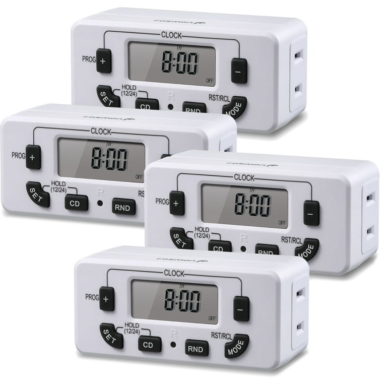 Fosmon [4 PACK] 7 Day Programmable Digital Timer Outlet, Digital Light  Timer with 10 ON/Off Programs, 125V/15A/1875W, Mini Indoor Single Plug-in
