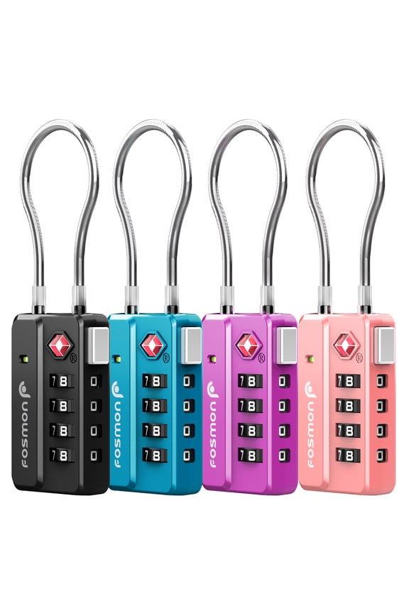 4 Pack TSA Lock, 4 Digit Combination Cable TSA Luggage Lock, TSA Approved Lock for Suitcase Locker, Metallic Black, Blue, Purple and Pink