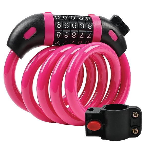 Fosmon 4ft Bike Lock Cable, Bike Locks Heavy Duty Anti Theft 5-Digit Combination Lock, Bicycle Lock Cable with Mounting Bracket for Ebike Scooter,Pink