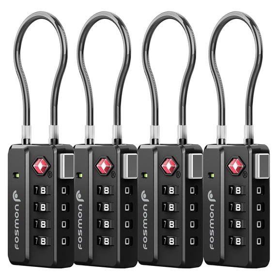 Fosmon 4 pack Luggage Locks approved byTSA, 4 Digit Combination Travel Security Lock with Open Alert Indicator, Durable Zine Alloy with Steel Cable for Suitcase, Backpack, Gym Locker, Black