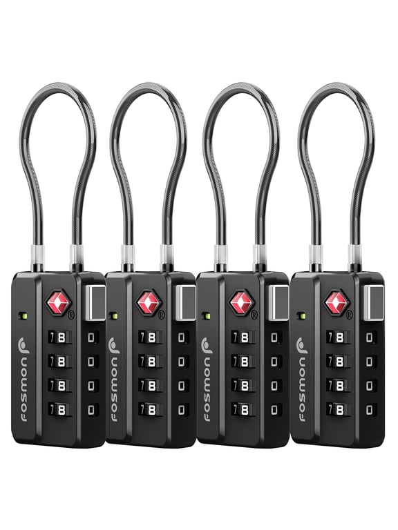 4 pack Luggage Locks approved byTSA, 4 Digit Combination Travel Security Lock with Open Alert Indicator, Durable Zine Alloy with Steel Cable for Suitcase, Backpack, Gym Locker, Black