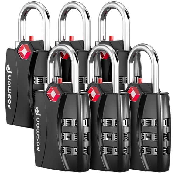 Fosmon 6-pack TSA Approved Luggage Lock with Open Alert Indicator, 3 Digit Combination Suitcase Lock Zinc Alloy for Travel Bag, Suit Case, Lockers, Gym, Bike Locks, Black
