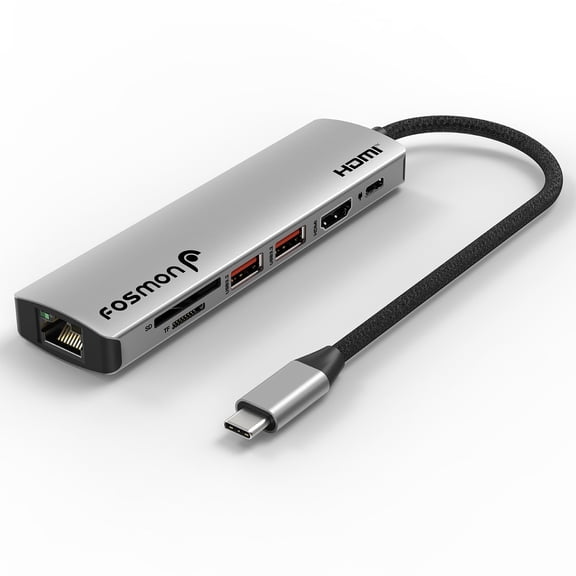 Fosmon 7-in-1 USB-C Hub, 4K 60Hz HDMI Adapter, 100W PD Charging, Dual USB 3.2 Gen 2 10Gbps Ports, Gigabit Ethernet, SD/TF Card Reader for MacBook, iPad, Chromebook