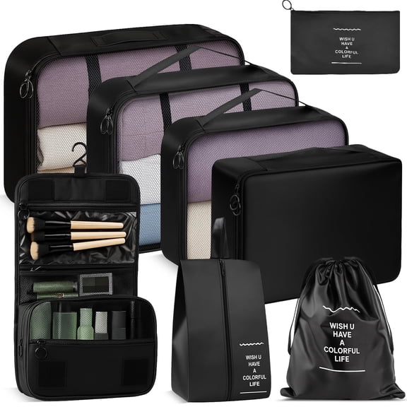 Fosmon 8pc Packing Cubes Set for Travel, Luggage Suitcase Organizer Bags, Hanging Toiletries Travel Accessories Essentials, Black