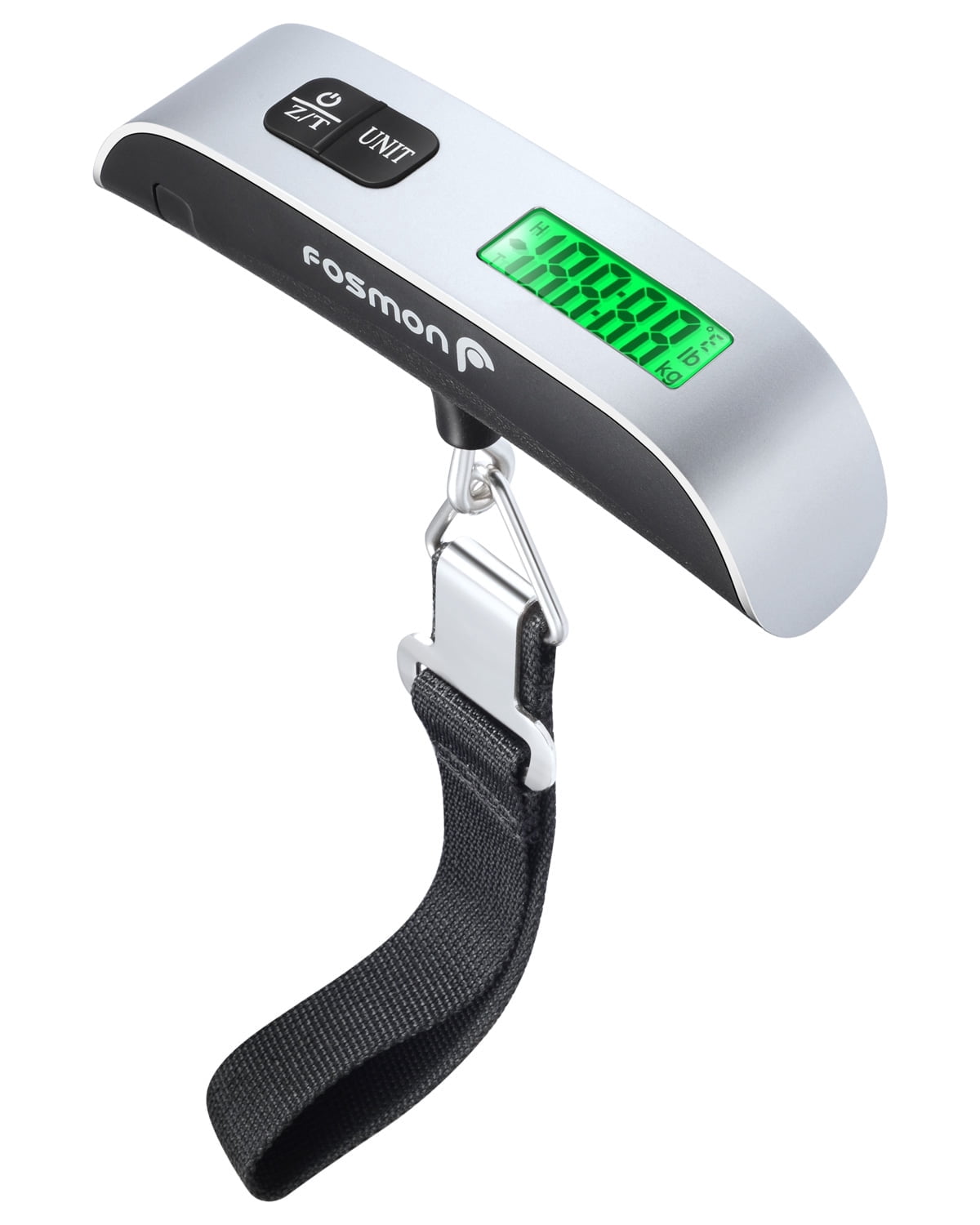 Fosmon Digital Luggage Scale, 110 LB Stainless Steel Hanging Handheld Travel Scale with Tare Function and Temperature Sensor - Silver