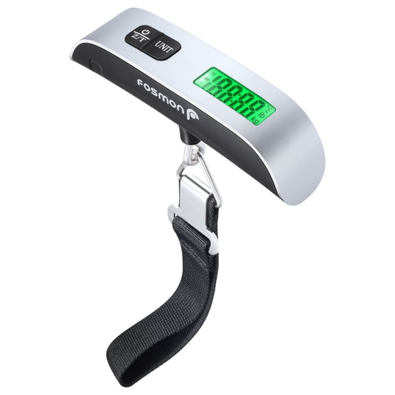 Fosmon Digital Luggage Scale, 110 LB Stainless Steel Hanging Handheld Travel Scale with Tare Function and Temperature Sensor - Silver