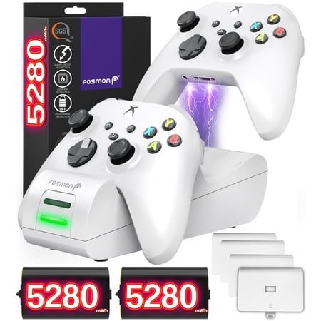 Fosmon Dual 2 MAX Charger Compatible with Xbox Series X/S (2020), Xbox One/One X/One S Elite Controllers, High Speed Docking Charging with High Capacity 2X 2200mAh Rechargeable Battery Packs - White