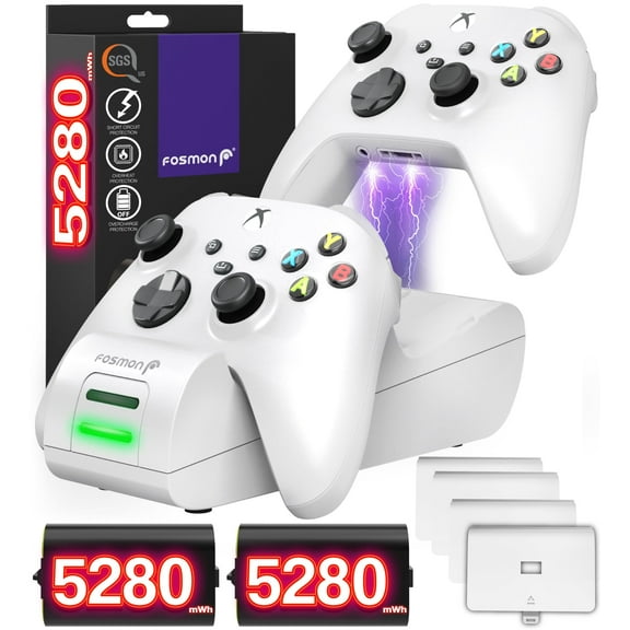 Fosmon Dual 2 MAX Charger Compatible with Xbox Series X/S (2020), Xbox One/One X/One S Elite Controllers, High Speed Docking Charging with High Capacity 2X 2200mAh Rechargeable Battery Packs - White