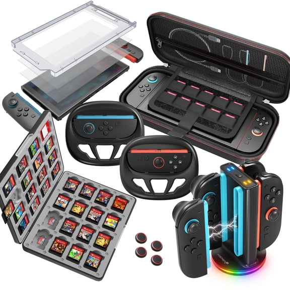 Fosmon For Nintendo Switch 2 Starter Kit - Carrying Case, Screen Protector, Game Card Case, Charging Dock, Racing Wheel & Accessories