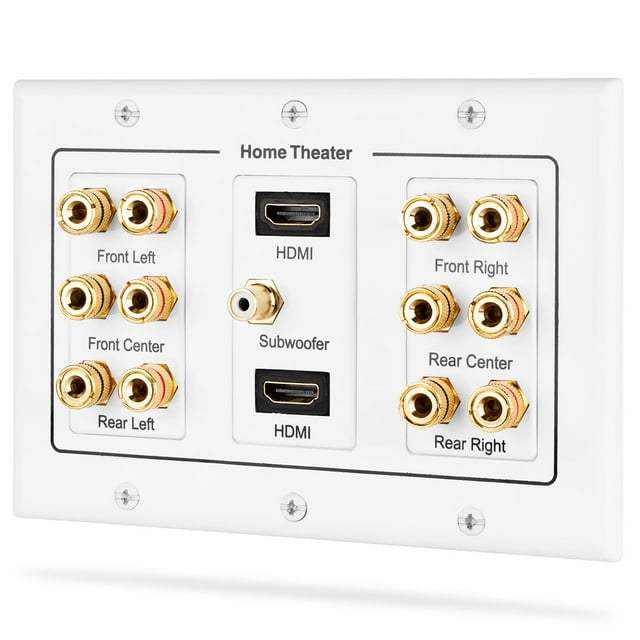 Fosmon HD8005 [3-Gang 6.1 Surround Distribution] Home Theater Copper Banana Binding Post Coupler Type Wall Plate for 6 Speakers, 1 RCA Jack for Subwoofer & 2 HDMI Ports
