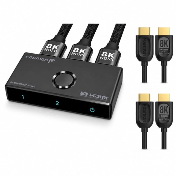 Fosmon HDMI Switch 8K@60Hz HDMI Splitter with 2pack 8K HDMI Cables 3Ft, 2 In 1 Out Switcher Bi-Directional HDMI 2.1 4K@120Hz, High Speed 48Gbps Support HDR, HDCP 2.3 for PS4 PS5 Xbox, Roku, Apple TV