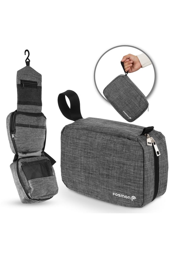 Large Capacity Hanging Toiletry Bag, Portable Toiletries Travel Organizer Bag with 3 Compartments, 3 Pockets & 1 Sturdy Hook Accessory for Men and Women [GRAY]