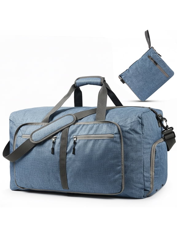 Large Duffle Bag for Travel 65L , 24" Foldable Carry On Travel Bag With Shoe Compartment, Adjustable Shoulder Strap and Padded Handle for Gym Weekender Women and Men , Blue