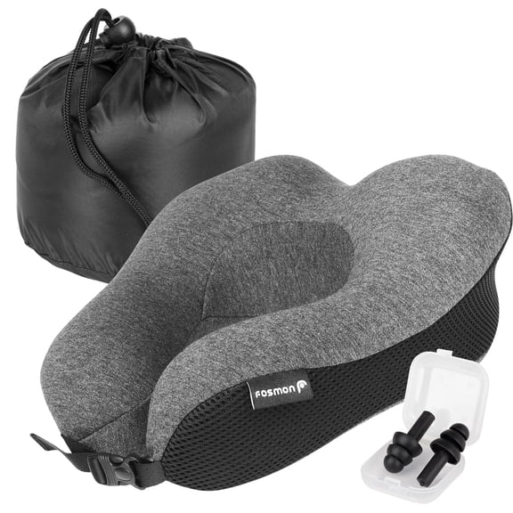 Fosmon Memory Foam Travel Pillow for Plane, Soft Foldable Adjustable Support Chin Neck Pillow Cushion for Adults Sleeping on Airplane with Washable Cotton Cover and Ear Plugs - Dark Gray/Black