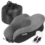Fosmon Memory Foam Travel Pillow for Plane, Soft Foldable Adjustable Support Chin Neck Pillow Cushion for Adults Sleeping on Airplane with Washable Cotton Cover and Ear Plugs - Dark Gray/Black