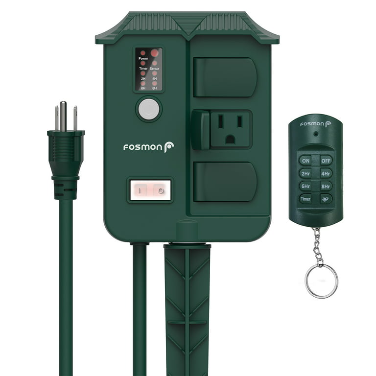 Fosmon Outdoor Power Stake Timer with Photocell, Power Strip Timer with Wireless  Remote Control, 6 Waterproof Grounded Outlets, 6ft Extension Cord for Electrical  Outlets, Lights, Garden, UL Listed 