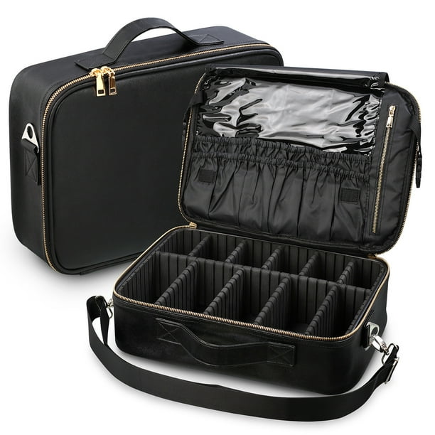 Fosmon Portable Travel Organizer Bag with Adjustable Dividers Carry Strap Professional Multifunctional Train Makeup Case for Cosmetics Brushes Toiletries Accessories Medium Black Walmart Business Supp...