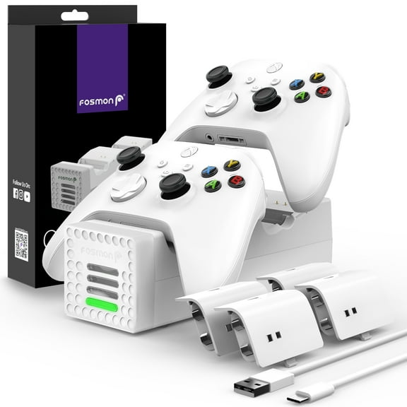 Fosmon Quad PRO Controller Charger Compatible with Xbox Series X/S Controllers (Not for Xbox One / 360 / Elite 2) Controllers, Dual Dock Charging Station with 4 Rechargeable Battery Packs - White