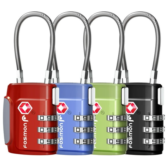 Fosmon TSA Approved Cable Luggage Locks (4 Pack), 3 Digit Combination Padlock with Steel Cable Lock for Travel Suitcase, Backpack, Locker