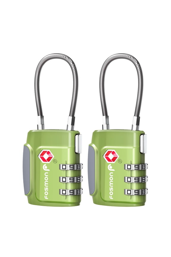 TSA Approved Cable Luggage Locks (2 Pack), 3 Digit Combination Padlock with Steel Cable Lock for Travel Suitcase, Backpack, Locker - Green
