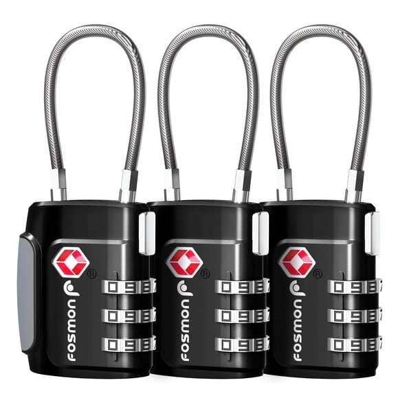 Fosmon TSA Approved Cable Luggage Locks, (3 Pack) Re-settable Easy to Read 3 Digit Combination with Alloy Body and Release Button for Travel Bag, Suit Case & Luggage - Black