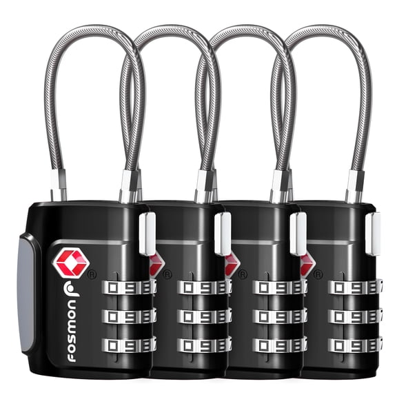 Fosmon TSA Approved Cable Luggage Locks, (4 Pack) Re-settable Easy to Read 3 Digit Combination with Alloy Body and Release Button for Travel Bag, Suit Case & Luggage - Black