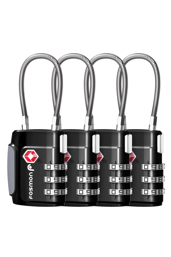 TSA Approved Cable Luggage Locks, (4 Pack) Re-settable Easy to Read 3 Digit Combination with Alloy Body and Release Button for Travel Bag, Suit Case & Luggage - Black