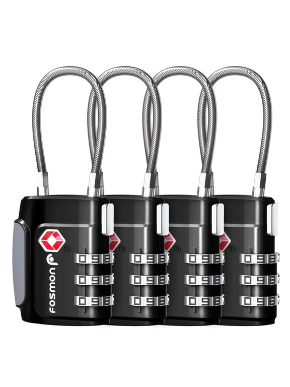 TSA Approved Cable Luggage Locks, (4 Pack) Re-settable Easy to Read 3 Digit Combination with Alloy Body and Release Button for Travel Bag, Suit Case & Luggage - Black