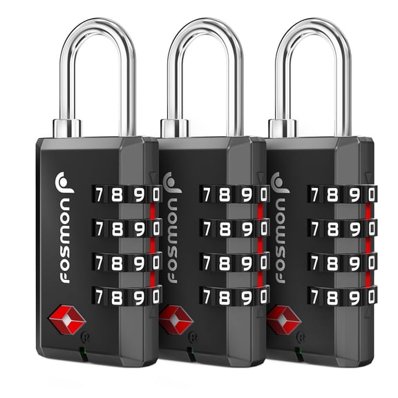 Fosmon TSA Approved Luggage Locks (3 Pack) with Open Alert, Resettable 4 Digit Combination Padlock 10,000+ Codes with Zinc Alloy Shackle, Ideal for Travel Bag, Suitcase, Locker, Backpack - Black