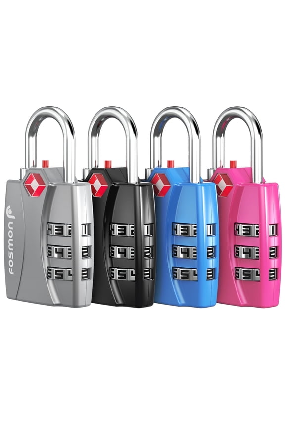 TSA Approved Luggage Locks, (4 Pack) Open Alert Indicator 3 Digit Combination Padlock Codes with Alloy Body for Travel Bag, Suit Case, Lockers, Gym, Bike Locks - Black, Blue, Pink, and Silver