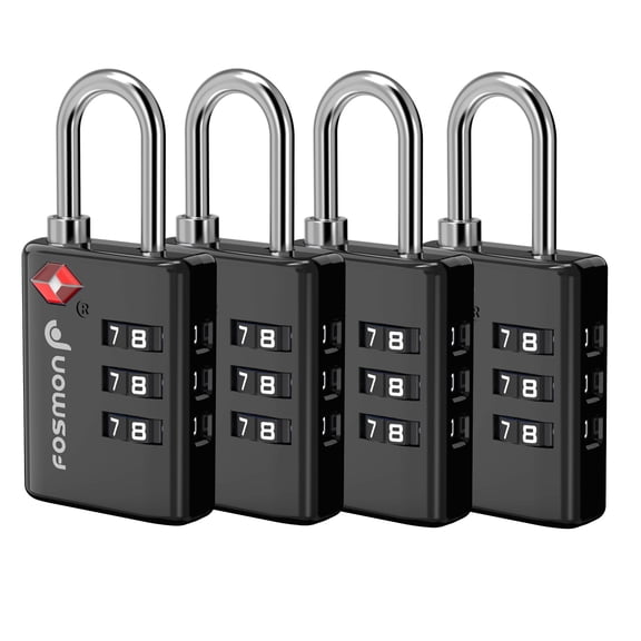 Fosmon 4-pack TSA Approved Luggage Lock with Open Alert Indicator, 3 Digit Combination Suitcase Lock Zinc Alloy for Travel Bag, Suit Case, Lockers, Gym, Bike Locks, Black