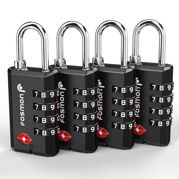 Fosmon TSA Approved Luggage Locks (4 Pack) with Open Alert Indicator, Resettable 4 Digit Combination Padlock 10,000 Zinc Alloy, Ideal for Travel Bag, Suitcase, Locker, Backpack, Briefcase - Black