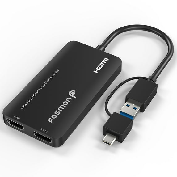 Fosmon USB 3.0 to HDMI Dual Display Monitors Adapter, Video Graphics Adapter, HDMI 2.0 Splitter Support USB-C, USB-A, USB 4 Thunderbolt 3/4, 4K@30Hz+1080P@60Hz, 6 Monitor Displays for Windows & Mac OS