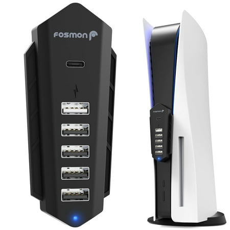 Fosmon USB Hub for PS5, 6 Port High-Speed USB Expansion Hub Extender Splitter Charger for PlayStation 5 (Disc/Digital Edition), 4 USB + 1 USB Charging + 1 Type C Port - Black (NOT for 2023 PS5 Slim)