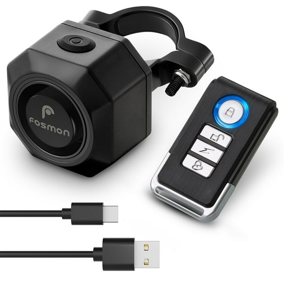 Fosmon Rechargeable Bike Alarm With Remote Control For Motorcycle Alarm System, E-Bike, Bicycle, Electric Scooter, 110dB Loud, IP55 Waterproof, USB-C And 7 Levels Anti Theft Vibration Sensitivity