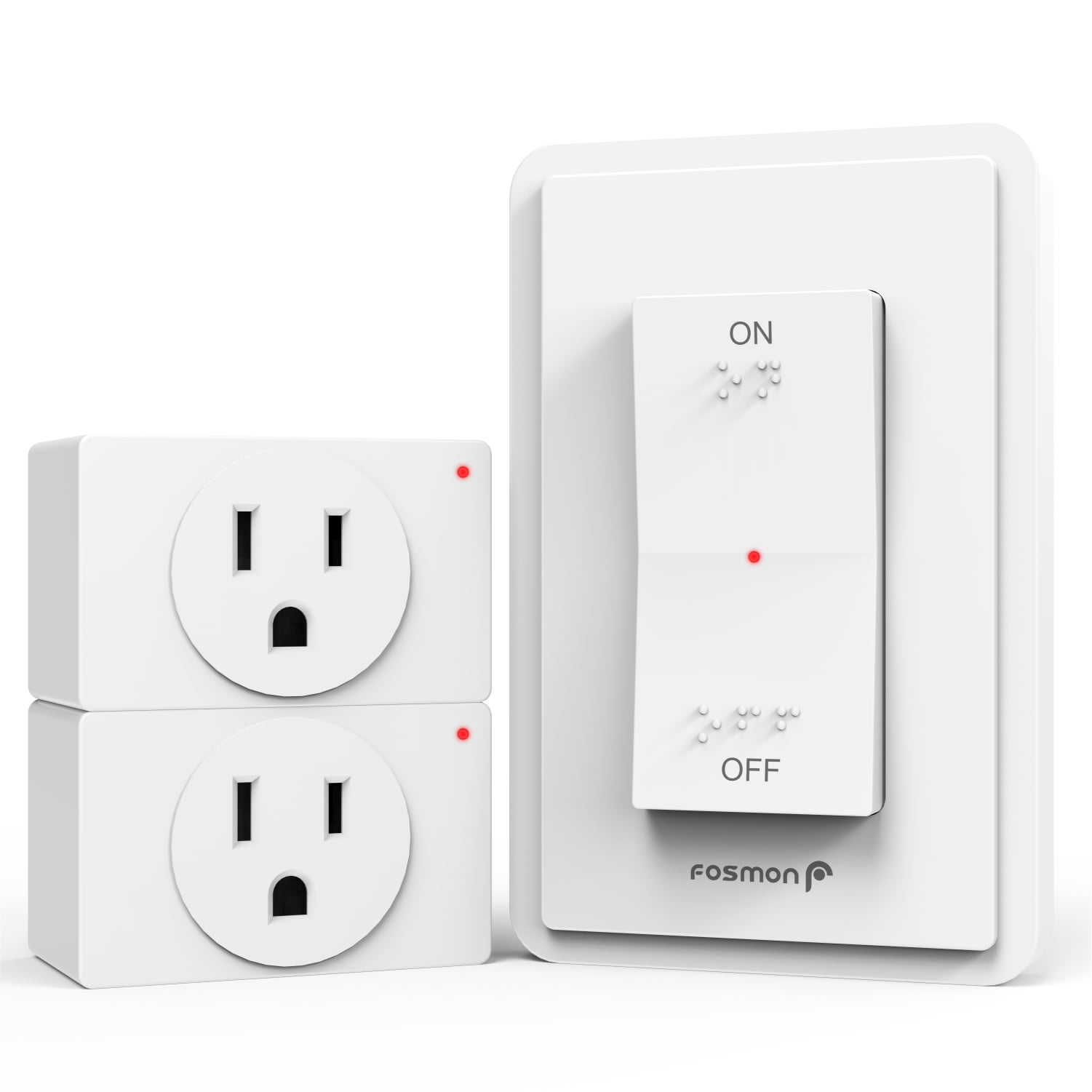 Fosmon Wireless Remote Control Electrical Outlet Switch (2 Pack) - ETL  Listed, (15A, 125V 1875W) Remote Light Switch Outlet Plug with Braille  (On/Off)
