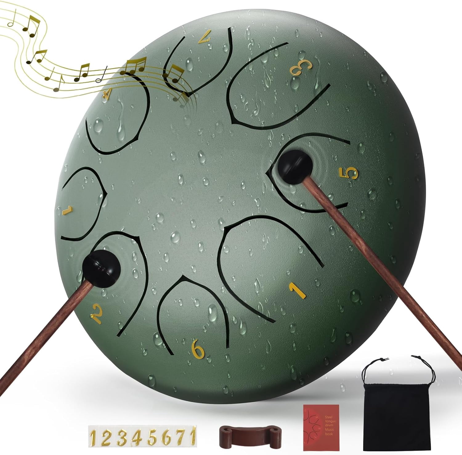 Fosoundpro Steel Tongue Handpan Drum 6 Inch 8 Notes, Rain Drum with Mallets, Music Book, Portable Bag (Green)