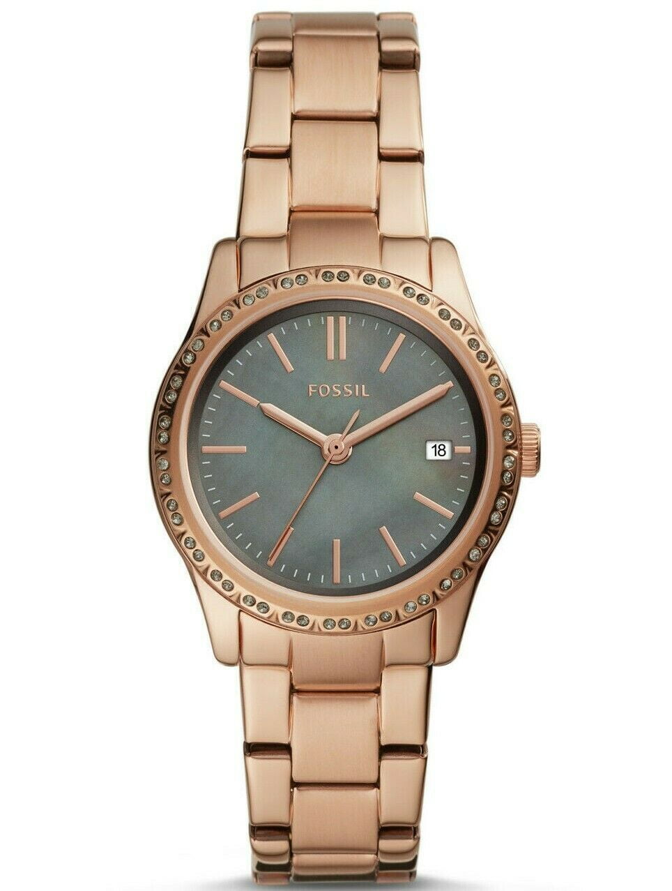 Fossil Adalyn Crystal Grey Mother of Pearl Dial Rose Gold Women s Watch BQ3421