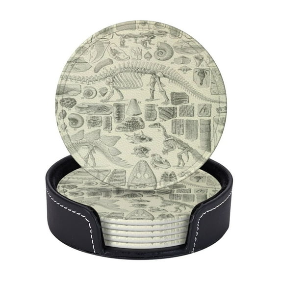 Fossil Chart Coasters With Leather Holder Set Of 6 Round Coasters for Home and Kitchen Decor