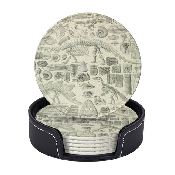 Fossil Chart Coasters With Leather Holder Set Of 6 Round Coasters for Home and Kitchen Decor