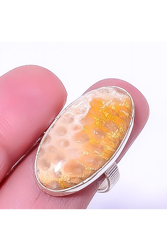 Fossil Coral - Australia 925 Sterling Silver Jewelry Ring s.8 R5833-8, Christmas Gift, Gemstone Silver Jewelry, Coral Ring, New Year Sale