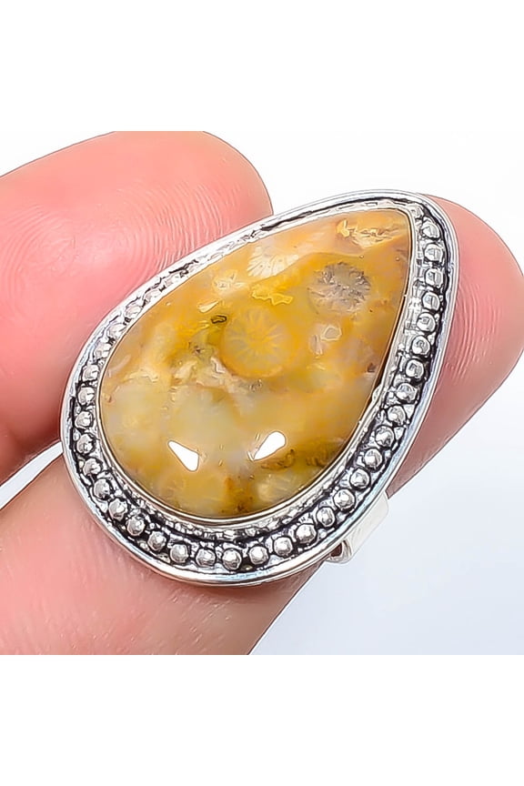 Fossil Coral - Australia Handmade 925 Sterling Silver Ring s.7 M1498