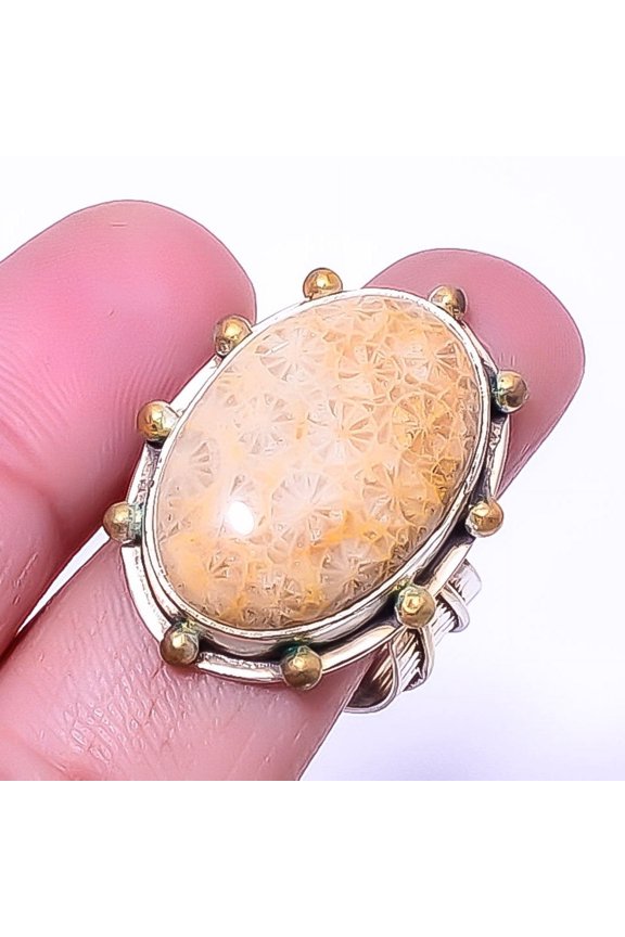Fossil Coral Gemstone 925 Sterling Silver Two Tone Gold Plated Ring s.8.5 A319, Christmas Gift, Gemstone Silver Jewelry, Coral Ring, New Year Sale