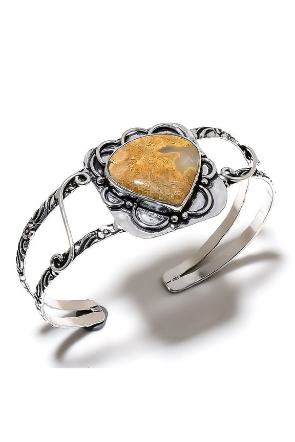 Natural Fossil"Coral Gemstone 925 Sterling Silver Cuff Bangle Adjustable