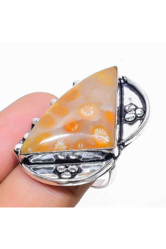 Natural Fossil Coral Gemstone Handmade 925 Sterling Silver Ring Size 6.5