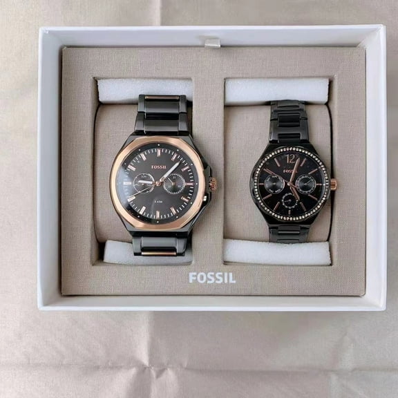Fossil His and Her 22mm Black Stainless Steel Bracelet Wristwatch, Black & Silver [BQ2645SET]